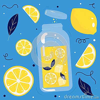 summer Illustration with pot of lemonade, lemons, mint on blue background Stock Photo